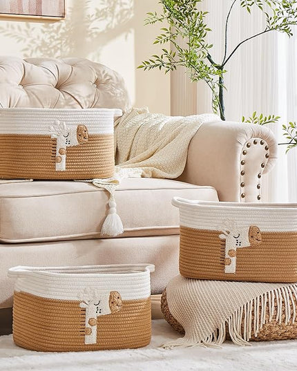 Storage Bins Woven Baskets for Storage Set of 3, Cotton Rope Basket with Handles for Toys/Shelves/Laundry, Rectangle Multi-Purpose Organizer for Living Room, Bedroom, Nursery (Giraffe)