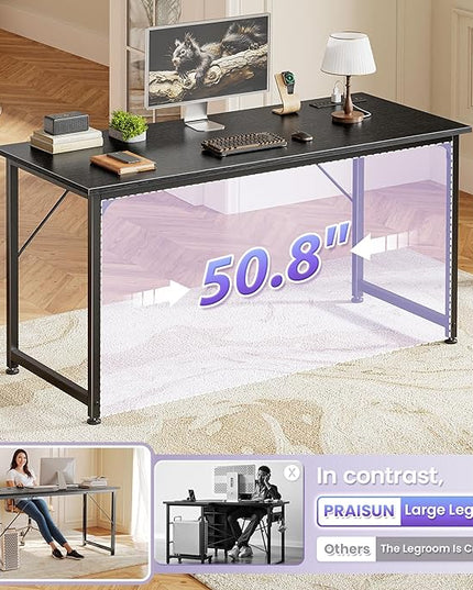 PRAISUN 54 X 20 Inch Office Computer Desk with Power Outlets and USB-C Port, Larger and Longer Gaming Desk, for Home Office, Study, Bedroom, Writing Work from Home Table, Metal Frame, Black