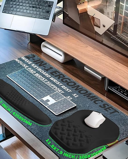 2-in-1 Ergonomic Set, Wave Keyboard Wrist Rest and Massage Slope Mouse Pad Wrist Support, Rebound Memory Foam for Relieve Carpal Tunnel Syndrome and Wrist Pain (Black)