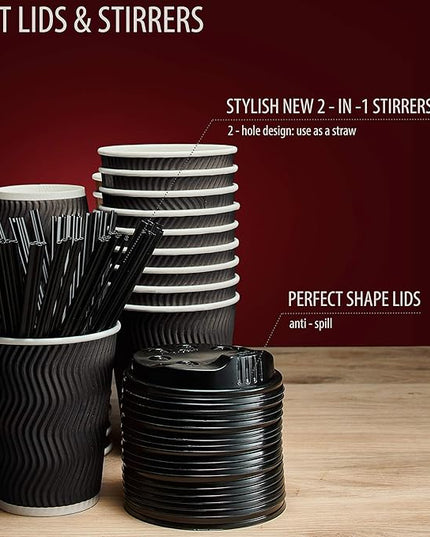 Primens Insulated Disposable Coffee Cups with Lids & Straws 12 oz, 100 Packs - Paper Cups for Hot Beverage Drinks To Go Tea Coffee Home Office Car Coffee Shop Party (Black)