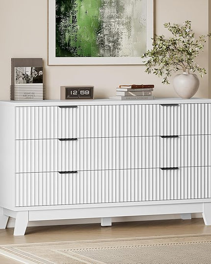 BORNOON 53" Long Dresser for Bedroom, 6-Drawer Dresser with Fluted Fronts, Wide Wood Chest of Drawers, Smooth Metal Slides, Stable Base, Modern Clothes Storage Cabinet for Living Room, Hallway