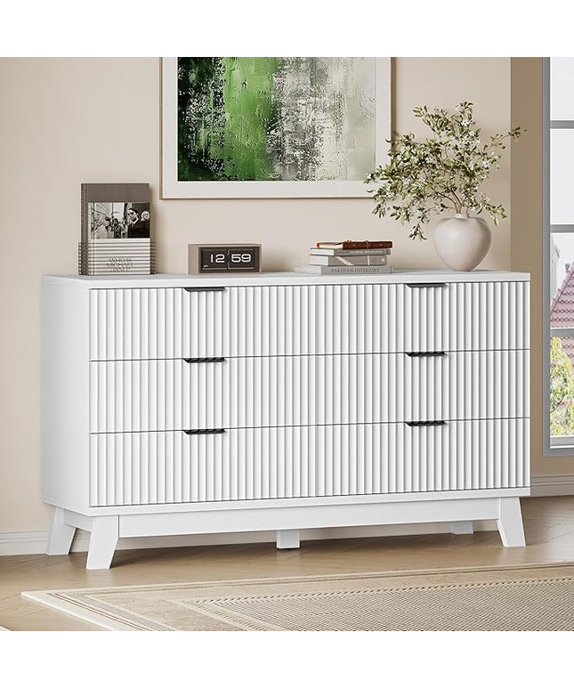 BORNOON 53" Long Dresser for Bedroom, 6-Drawer Dresser with Fluted Fronts, Wide Wood Chest of Drawers, Smooth Metal Slides, Stable Base, Modern Clothes Storage Cabinet for Living Room, Hallway