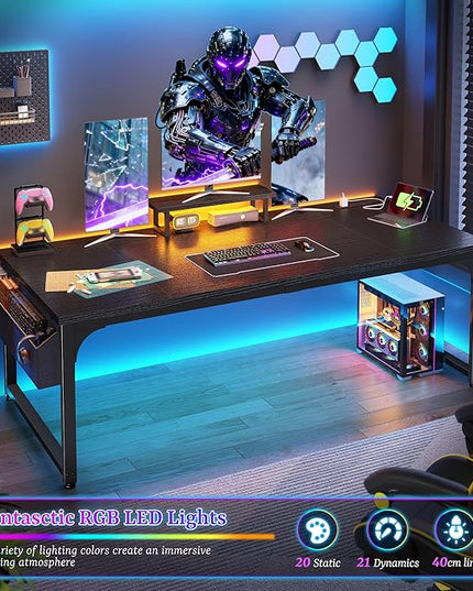 Gaming Desk with LED Light & Power Outlets, Computer Desk with Monitor Stand & 24mm Thicker Desktop,Office Writing Desk for Home Office, Study, Bedroom, Black