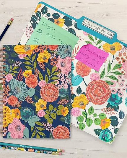 Steel Mill & Co Cute Floral Mini Spiral Notebook, 8.25" x 6.25" Journal with Durable Hardcover and 160 Lined Pages, Garden Blooms (Navy)