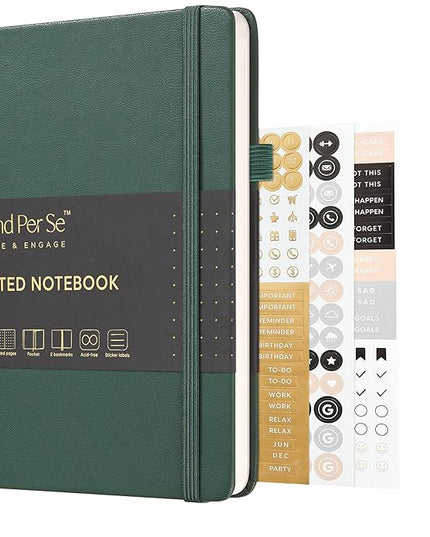 &And Per Se Dotted Journal Notebook, A5 Hardcover Leather Bullet Dotted Journal, 160 Pages 100 gsm Thick Paper, 3 Sheets of Stickers Included - 5.7'' x 8'' （Green）