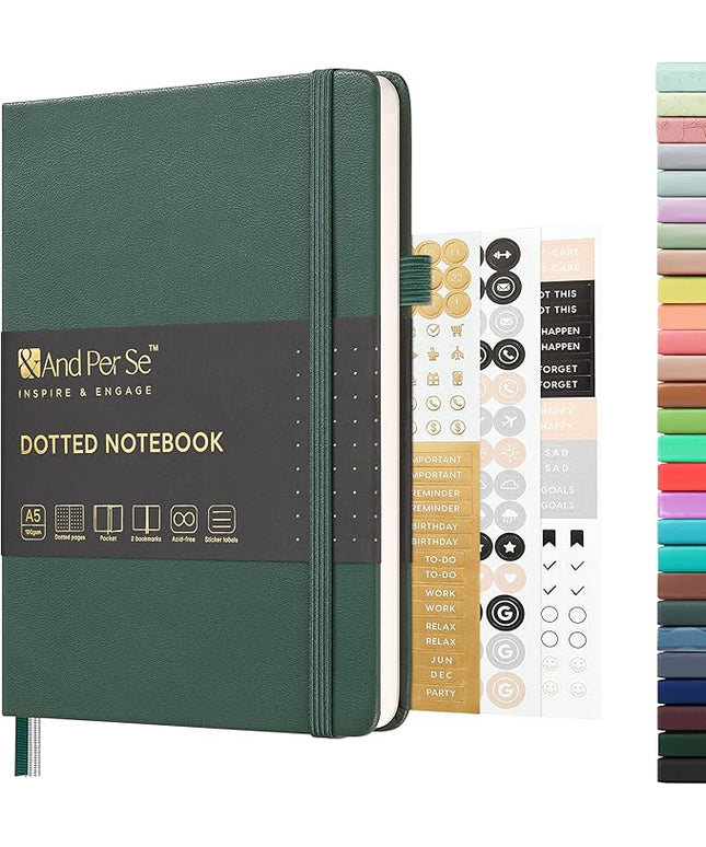 &And Per Se Dotted Journal Notebook, A5 Hardcover Leather Bullet Dotted Journal, 160 Pages 100 gsm Thick Paper, 3 Sheets of Stickers Included - 5.7'' x 8'' （Green）