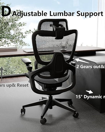 Ergonomic Office Chair, Big and Tall Home Desk Chair with Adjustable 3D Lumbar Support, 5D Armrest, 4D armrests, Mesh Computer Chair,90-130°Tilt, Model Zen (All Black)