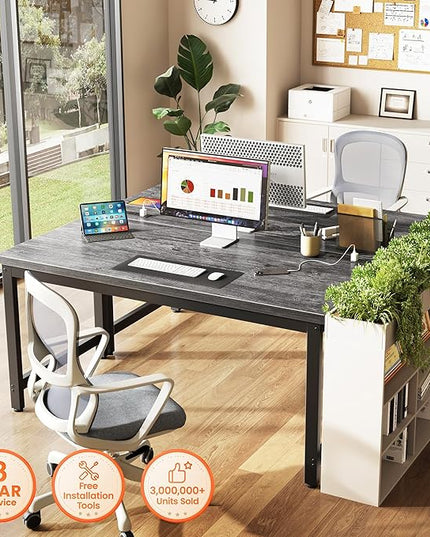 Huuger 55 x 24 inch Desk with Power Outlets & USB-C, Deeper & Thicker Desktop, Robust Metal Tubes, Computer Desk, Heavy Duty Office Desk, Work Gaming Desk for Home Office, Grey