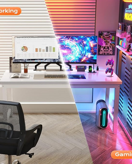 Huuger 55 x 24 inch Desk with Power Outlets & USB-C, Deeper & Thicker Desktop, Robust Metal Tubes, Computer Desk, Heavy Duty Office Desk, Work Gaming Desk for Home Office, White