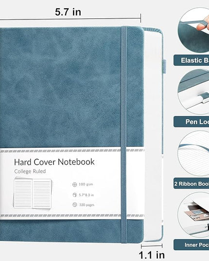 CAGIE Lined Journal Notebook, 320 Pages College Ruled Notebook, 100 Gsm Paper Thick Journal, A5 Hardcover Leather Journals for Writing Women Men, 5.7x8.3 In, Blue