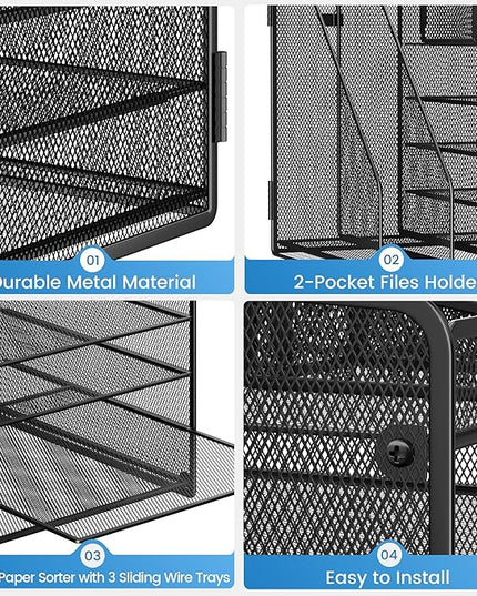 Lavatino Desk Organizer, 5-Tier Metal Mesh Paper Letter Tray with 2 File Holders & 7 Flexible Dividers for Office or Home Desk Organizers and Accessories, Keep Workspace Supplies Neat, Black