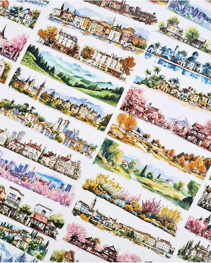 Dwpetzo Transparent PET Stickers for Journaling Scrapbooking, 60 Sheets Large Seasonal Landscape House Mountain Forest Wildflower Stickers Set for Junk Journal, Collage, Crafts Arts