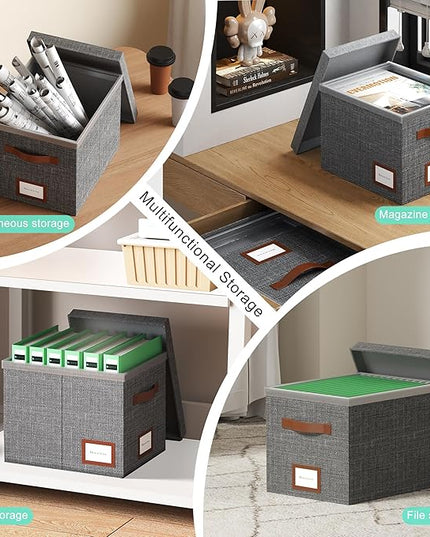 File Organizer Box with Lid File Box for Hanging Decorative File Organizer with One-Piece Integrated Plastic Slide Rail(Grey, 13.2x10.1x10.1inch(2pack))