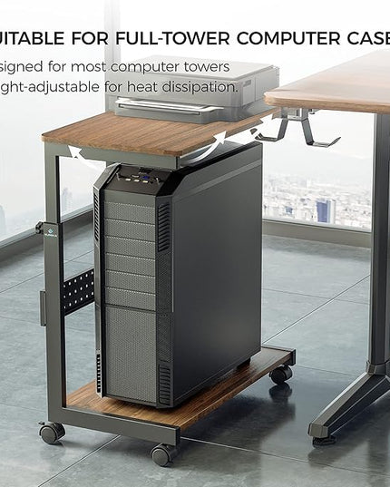EUREKA ERGONOMIC PC Stand Computer Cart, Height Adjustable Tower Stand 2-Tier Suit for ATX Case Printer, Metal Rolling Cart on Wheels for Gaming Home Office, Walnut