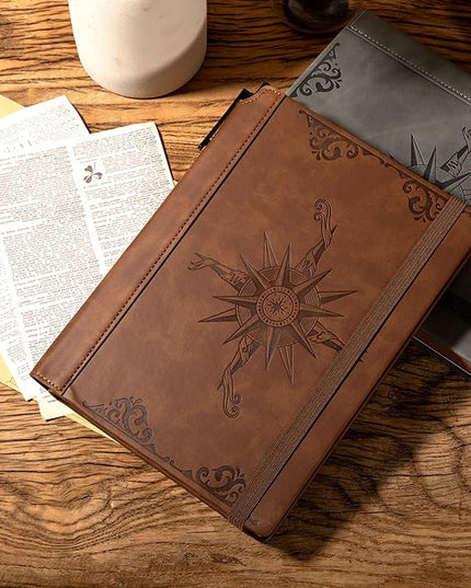 CAGIE Compass Leather Notebook Journal for Men, 100 GSM 288 Pages Lined Journals for Writing, A5 Hardcover Journaling Notebooks Gift Set with Pen for Travel Office Daily Writing