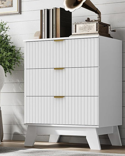 BORNOON Fluted 3 Drawer Dresser, 30.3" Tall Compact Modern Boho Chest of Drawers, Wooden Storage Cabinet for Bedroom, Living Room, Entryway, Curved Profile Design