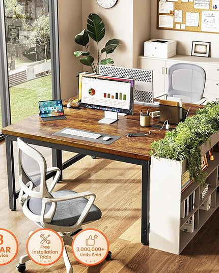 Huuger 48 x 24 inch Desk with Power Outlets & USB-C, Deeper & Thicker Desktop, Robust Metal Tubes, Computer Desk, Heavy Duty Office Desk, Work Gaming Desk for Home Office, Rustic Brown
