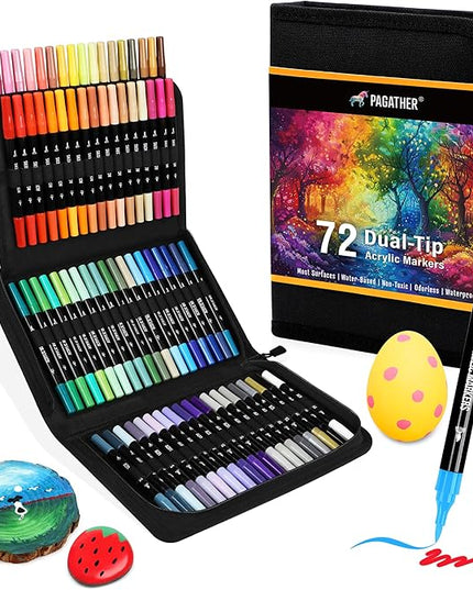 72 Colors Acrylic Paint Markers, Dual Tip with Fine Tip and Brush Tip Pens for Stone, Wood, Calligraphy, Canvas, Ceramic, Metal, Glass, Rock Painting, DIY Crafts Art Supplies Kit