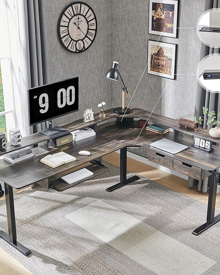 RedLemon 75X60 Inches L Shaped Electric Standing Desk,Height Adjustable Corner Gaming Desk with Drawers, Keyboard Tray, Power Outlets & LED Lights, Computer Desk with Monitor Shelf, Dark Rustic Oak
