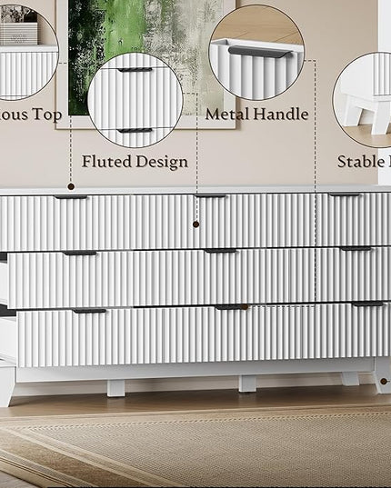 BORNOON 63" Long Dresser for Bedroom, 9-Drawer Fluted Dresser, Extra-Wide Wood Chest of Drawers with Smooth Metal Slides, Stable Base, Modern Clothes Storage Cabinet for Living Room, Hallway, Nursery