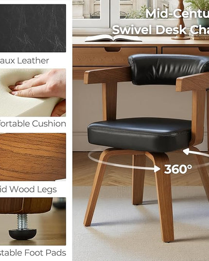 Fat Ant Home Office Desk Chair - Mid Century Modern Chair, Faux Leather Office Chair No Wheels, Comfy Accent Arm Chair with Wood Legs for Small Spaces Living Room Bedroom Study, Black/Walnut