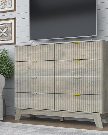 BORNOON Fluted 8 Drawer Tall Dresser, 47.2" Wide Modern Boho Chest of Drawers, Wooden Storage Dresser TV Stand for Bedroom, Living Room, Closet, Hallway, Curved Profile Design