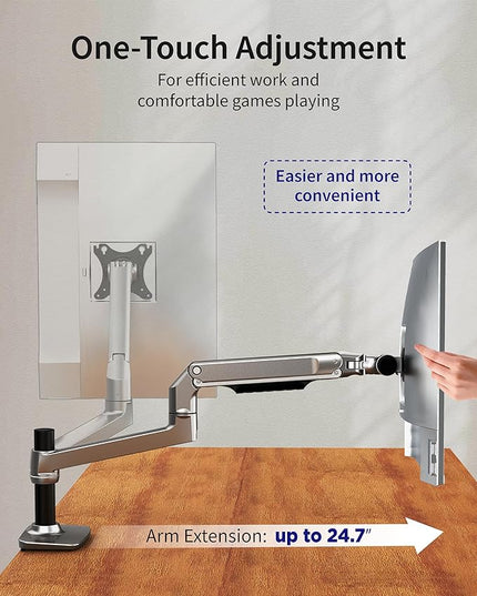 Single Monitor Arm Desk Mount, Holds Screens up to 40 Inches and 25 lbs, Fully Adjustable Vesa Monitor Mount with C-Clamp and Grommet Base, Aluminum, Silver