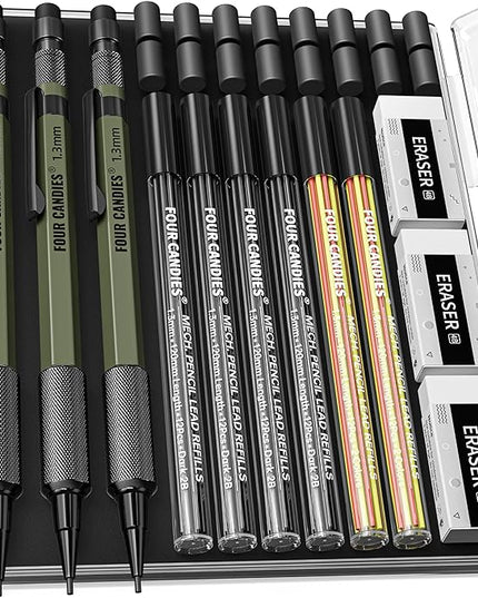 Four Candies 1.3mm Mechanical Pencil Set with 72 Lead Refill, 3PCS Metal Weatherproof Body Heavy Duty Carpenter Pencil, 3 Eraser, 16 Eraser Refill, for Outdoor Woodworking Drafting Marking with Case
