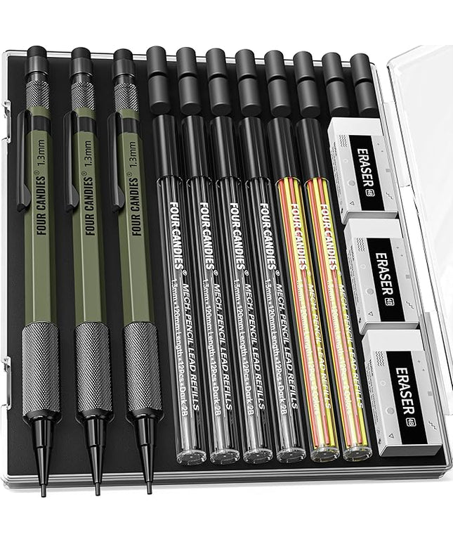 Four Candies 1.3mm Mechanical Pencil Set with 72 Lead Refill, 3PCS Metal Weatherproof Body Heavy Duty Carpenter Pencil, 3 Eraser, 16 Eraser Refill, for Outdoor Woodworking Drafting Marking with Case