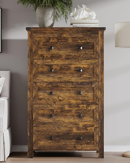 BORNOON Tall 5-Drawer Dresser, Modern Wooden Storage Chest of Drawers, Dresser TV Stand, Wood Drawer Organizer with Metal Handles for Bedroom, Living Room, Hallway