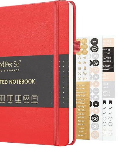 &And Per Se Dotted Journal Notebook, A5 Hardcover Leather Bullet Dotted Journal, 160 Pages 100 gsm Thick Paper, 3 Sheets of Stickers Included - 5.7'' x 8''（Red）
