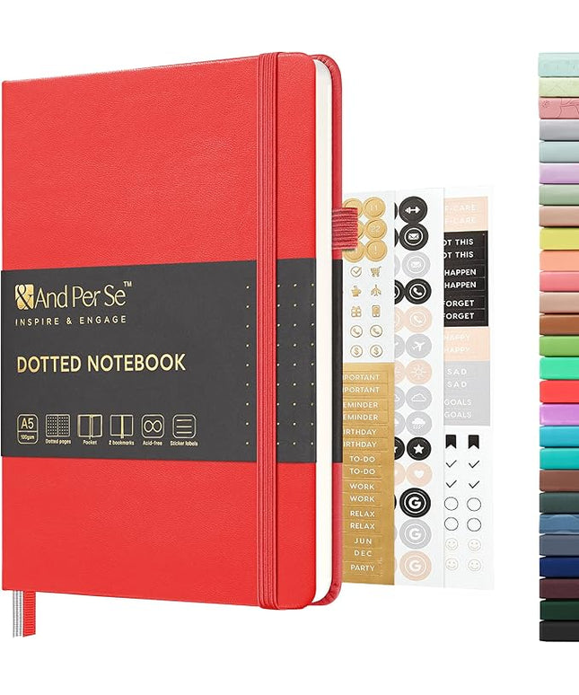 &And Per Se Dotted Journal Notebook, A5 Hardcover Leather Bullet Dotted Journal, 160 Pages 100 gsm Thick Paper, 3 Sheets of Stickers Included - 5.7'' x 8''（Red）