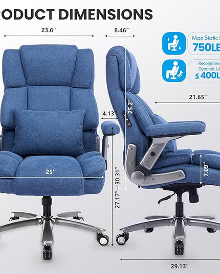 750lbs Heavy Duty Desk Chair with 3D Kneading Massage, Big and Tall Office Chairs with Ergonomic Support, 4D Armrests, 5 Quiet Dual Rubber Wheel, Thick Pocket Spring Cushion(Blue, Fabric)