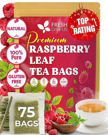 FreshDrinkUS, 75 Bags Premium Raspberry Leaf Teawith Chamomile Flavor, Eases Menstrual Cramps & Supports Healthy Pregnancy, Naturally, Caffeine-Free, Sugar Free, Vegan