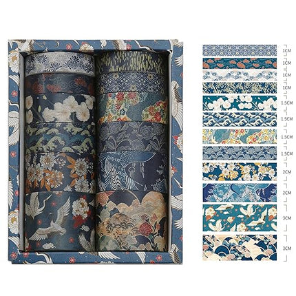 Songdao 12 Rolls Kyoto Charm Washi Tape Set Japanese Arts Adhesive Tapes Geometric Garden Decorative Masking Tape Sets for Craft, Kids, Scrapbook, DIY, Gift Wrapping (Azure Tranquility)