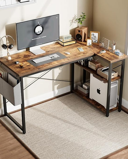 Grandder L Shaped Computer Desk with Reversible Shelves, 40 Inch Small Corner Desk with Storage Bag, Gaming Desk Computer Table Study Writing Desk for Home Office Small Space, Rustic Brown