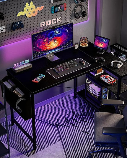 Grandder L Shaped Computer Desk with Reversible Shelves, 40 Inch Small Corner Desk with Storage Bag, Gaming Desk Computer Table Study Writing Table for Home Office Bedroom Small Space, Black