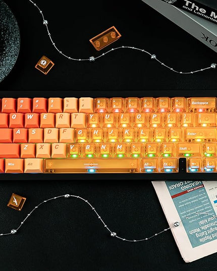 Custom PBT Transparent Keycaps, Minimalist Gradient Orange PC Keycap, Crystal Custom Key Caps 160 Keys Cherry Profile Keycap Set for Cherry Gateron MX Switches Mechanical Keyboard
