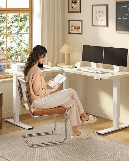 SANODESK L Shaped Electric Standing Desk with Drawer, 63 Inch Ergonomic Adjustable Height Desk with Storage, Corner Desk Sit Stand up Computer Table for Work Office Home, Maple