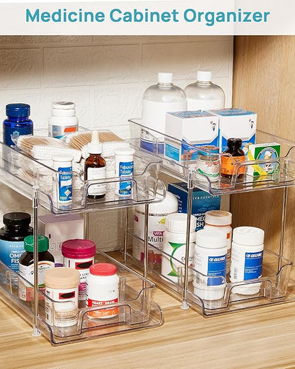 Vtopmart 4 Pack 2 Tier Bathroom Under Sink Organizers and Storage, Clear Kitchen Pantry Organization, Pull Out Medicine Cabinet Organizer with Movable Dividers