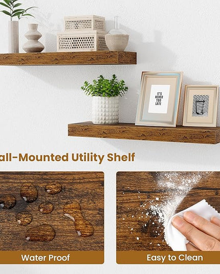 Fun Memories Floating Shelves Set of 2, 24 Inch Floating Shelves for Wall, Wood Wall Shelves with Invisible Brackets, for Bathroom, Bedroom, Living Room, Kitchen, Rustic Brown