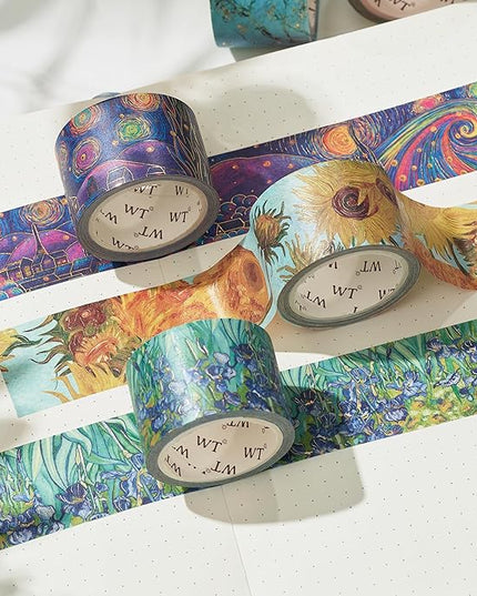 WT Van Gogh Washi Tape Set, Original Design, 3 Rolls, Gold Foil, 30mm Wide Decorative Masking Tape, Bujo Planner Supplies, DIY Art Crafts Paper Tape, Adhesive Wrapping Tape, Journals Gifts