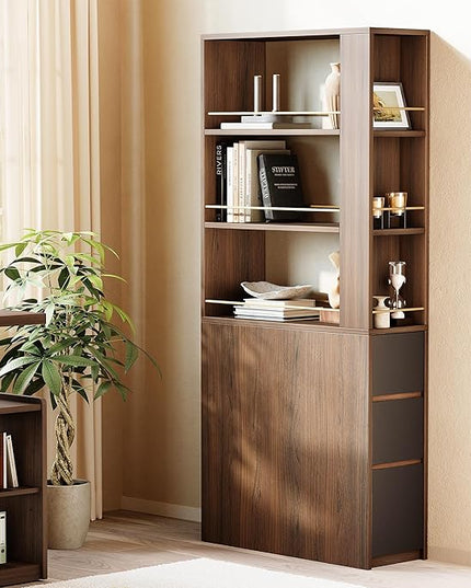 Bookcase with 3 Drawers and Storage Shelves, 71''Tall Corner Bookshelf with 3 Tier Open Double-Sided Design, Multi Functional Organizer, Wood Bookshelves for Home/Office, Black Walnut