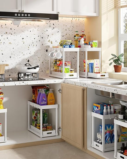 2PC Under Sink Organizer Rack 2 Tier Under Sliding Cabinet Basket Organizer Drawer with 4 Hooks, Multi-purpose Under Sink Storage for Bathroom Kitchen Desktop（White）