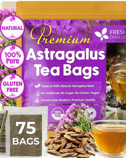 FreshDrinkUS, Premium 75 Astragalus Root Tea Bags, 100% Natural & Pure from Astragalus Root Herbal Tea. Made with Natural Material Tea Bags. No Sugar, No Caffeine, No Gluten, Vegan.