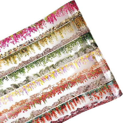 MiyouLuna 6 Rolls Flower Wall PET Tape Set, Seamless Floral Brick Stone Stickers for Journaling, DIY Crafts, Planner, Scrapbook Supplies with Clip, Waterproof and Decorative