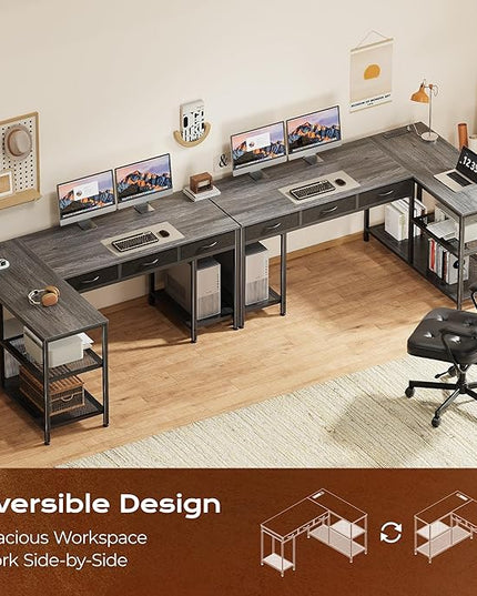 PRAISUN 55 Inch L Shaped Office Desk with Power Outlets and Type-C Port, Large Computer Gaming Desk with 3 Fabric Drawers, Mesh Shelves, Corner Study Work Writing Desk, Grey