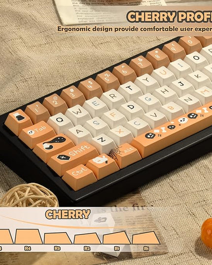 Orange and Black Key Caps - Cute Cherry Profile PBT Keycap, Dye Sublimation Halloween Key Caps for Ergonomic Keyboard, 130 Keys