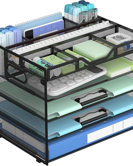 Docnest 5 Tier Mesh Desk Organizer- Letter Tray with Adjustable Compartments, Mesh Desktop Storage Built in Pen Holder and Handles, Desk Organizer Tray for Mail Documents Office Supplies-Black