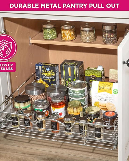 HOLDN’ STORAGE Heavy-Duty Premium Collection Pull Out Cabinet Organizer, Cabinet Drawer Slide Outs, Lifetime Limited Warranty - Basket Size 24" W x 21" D x 5" H, Anti-Rust Chrome Finish